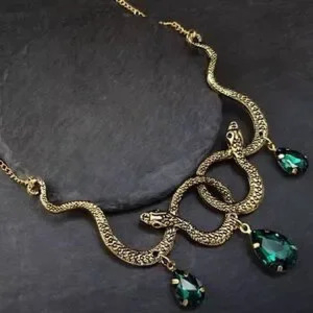 Vintage Gold Serpent Snake Necklace with Green Accents